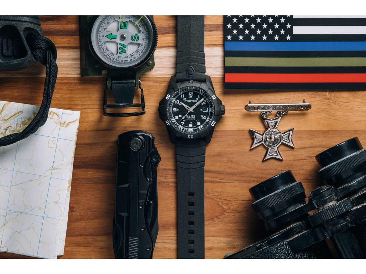 ProTek Model PT1211 USMC Analog Watch 42mm Case Diameter Carbon Composite Bezel Black Rubber Strap PT1211