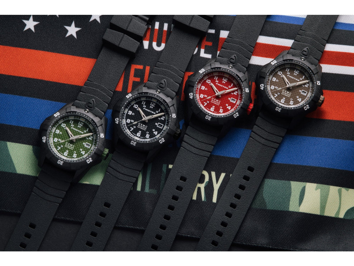 ProTek Model PT1216 USMC Analog Watch 42mm Case Diameter Carbon Composite Bezel Black Rubber Strap PT1216