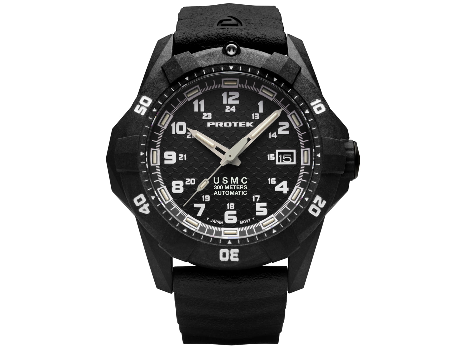 ProTek Model PT1211 USMC Analog Watch 42mm Case Diameter Carbon Composite Bezel Black Rubber Strap PT1211
