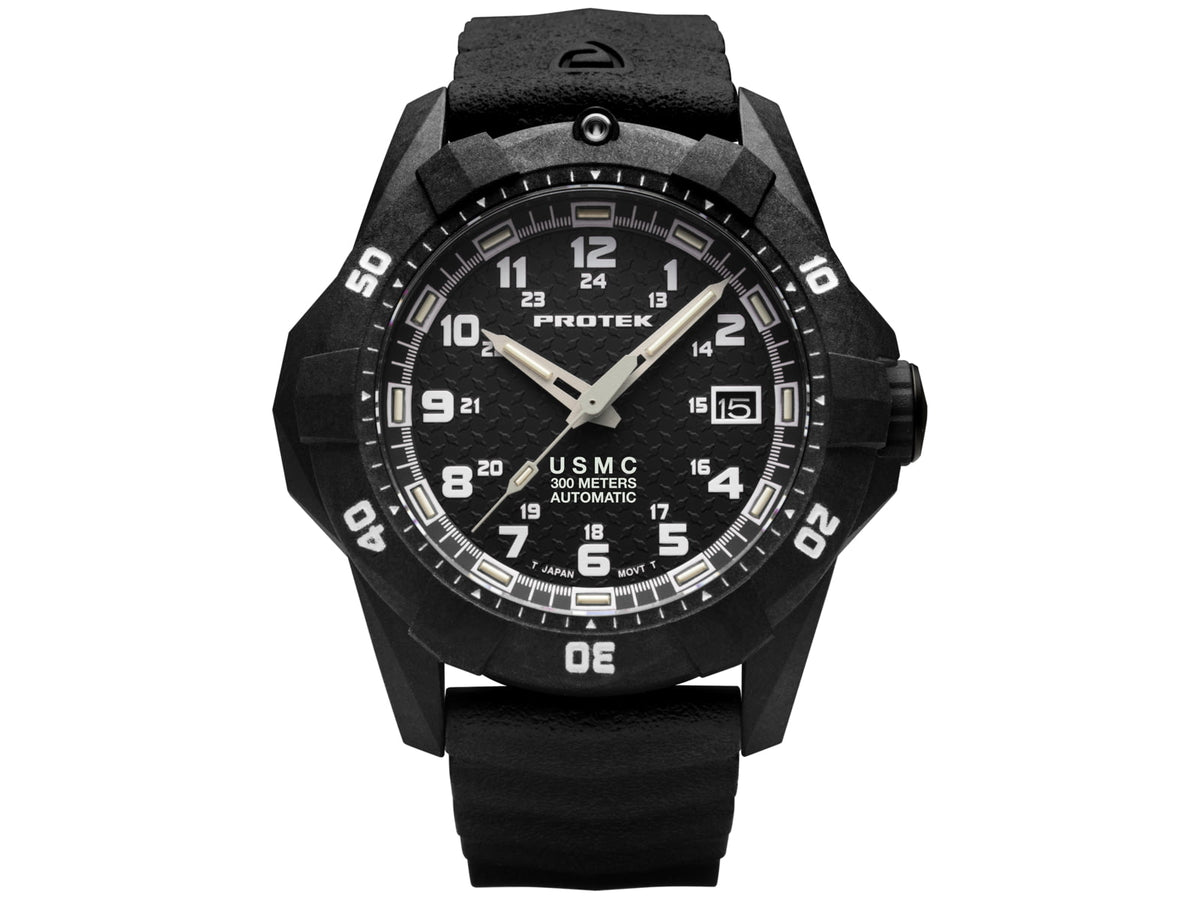 ProTek Model PT1211 USMC Analog Watch 42mm Case Diameter Carbon Composite Bezel Black Rubber Strap PT1211