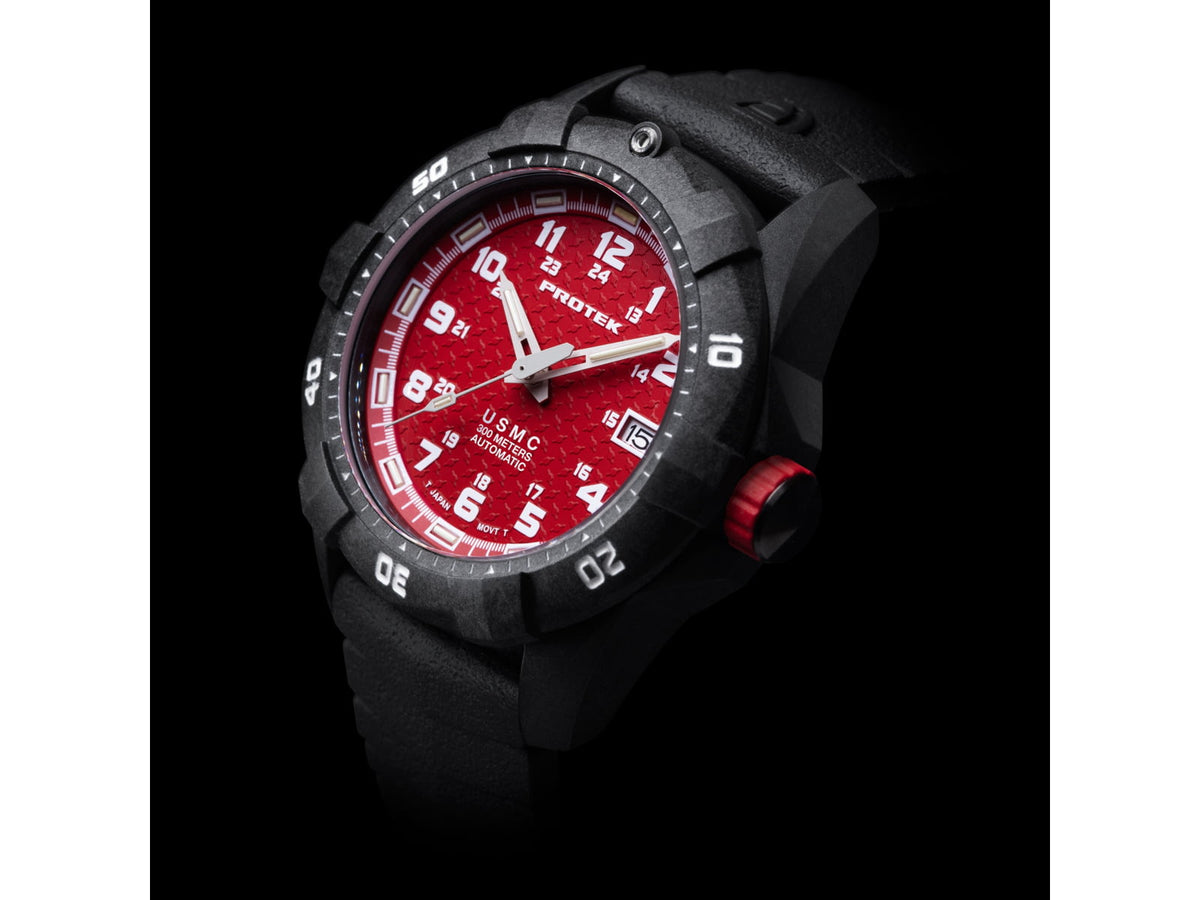 ProTek Model PT1212 USMC Analog Watch 42mm Case Diameter Carbon Composite Bezel Black Rubber Strap PT1212
