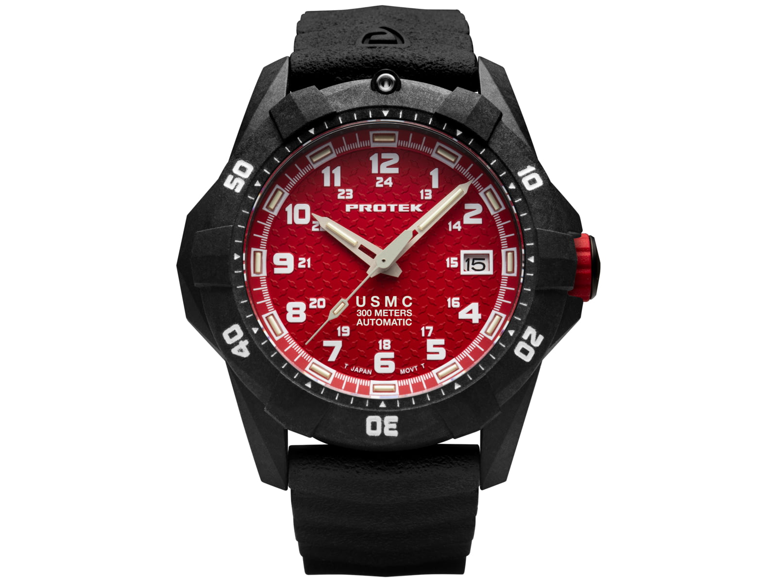 ProTek Model PT1212 USMC Analog Watch 42mm Case Diameter Carbon Composite Bezel Black Rubber Strap PT1212