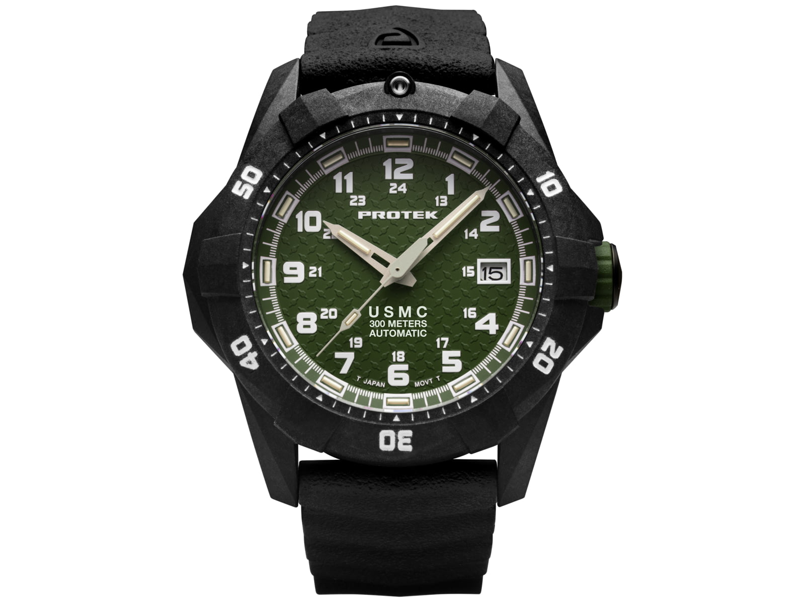 ProTek Model PT1215 USMC Analog Watch 42mm Case Diameter Carbon Composite Bezel Black Rubber Strap PT1215