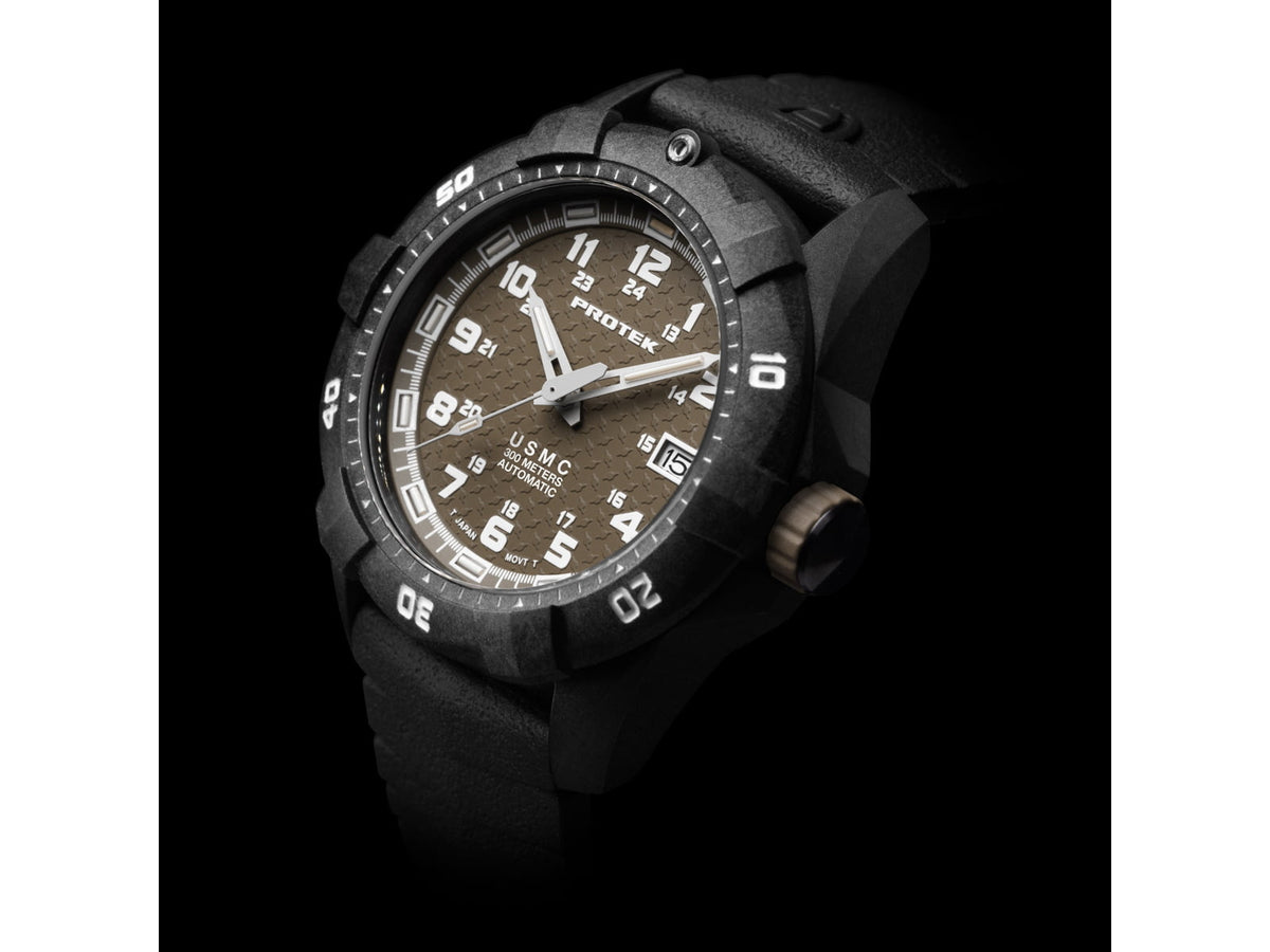 ProTek Model PT1216 USMC Analog Watch 42mm Case Diameter Carbon Composite Bezel Black Rubber Strap PT1216