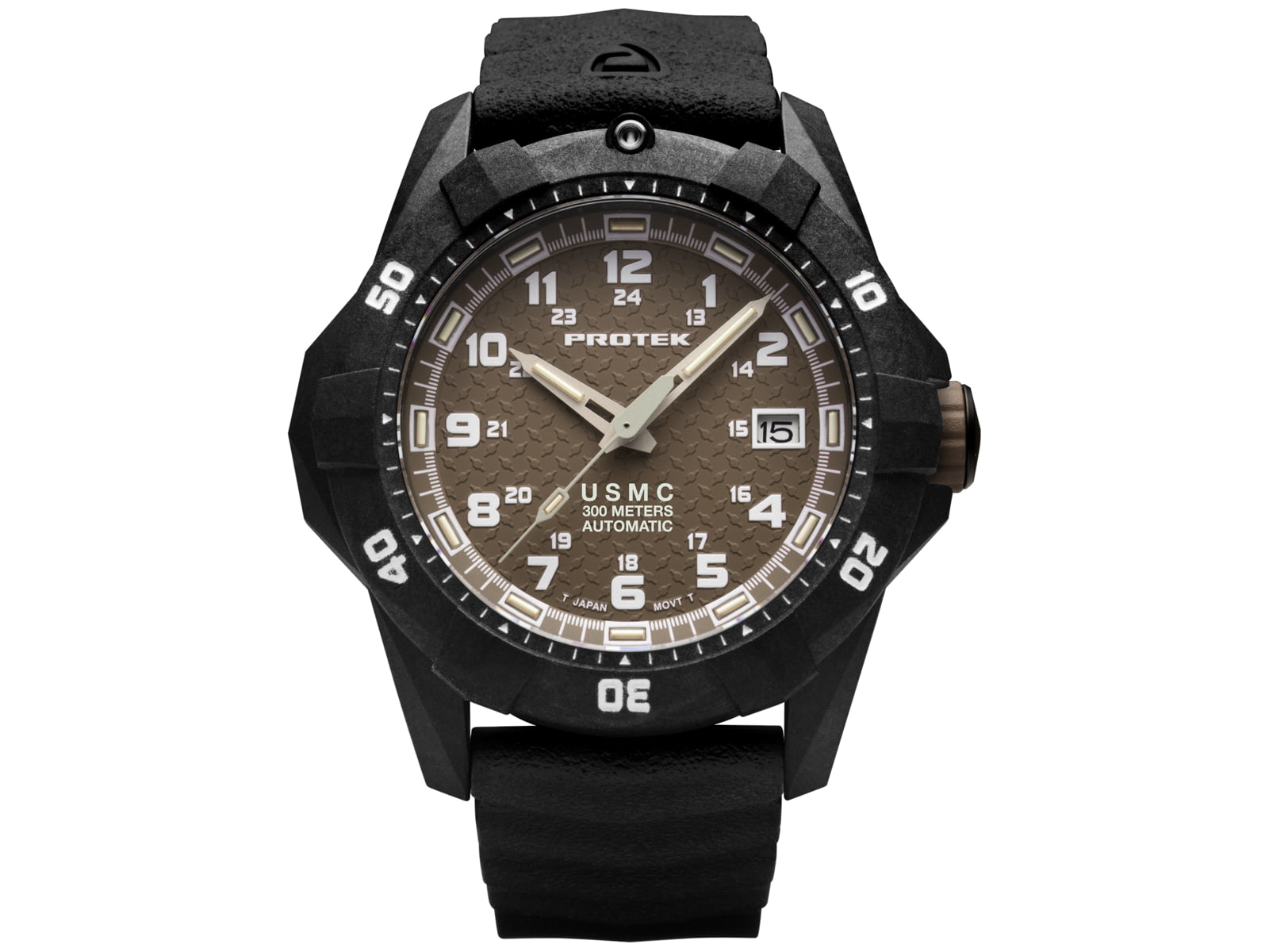 ProTek Model PT1216 USMC Analog Watch 42mm Case Diameter Carbon Composite Bezel Black Rubber Strap PT1216