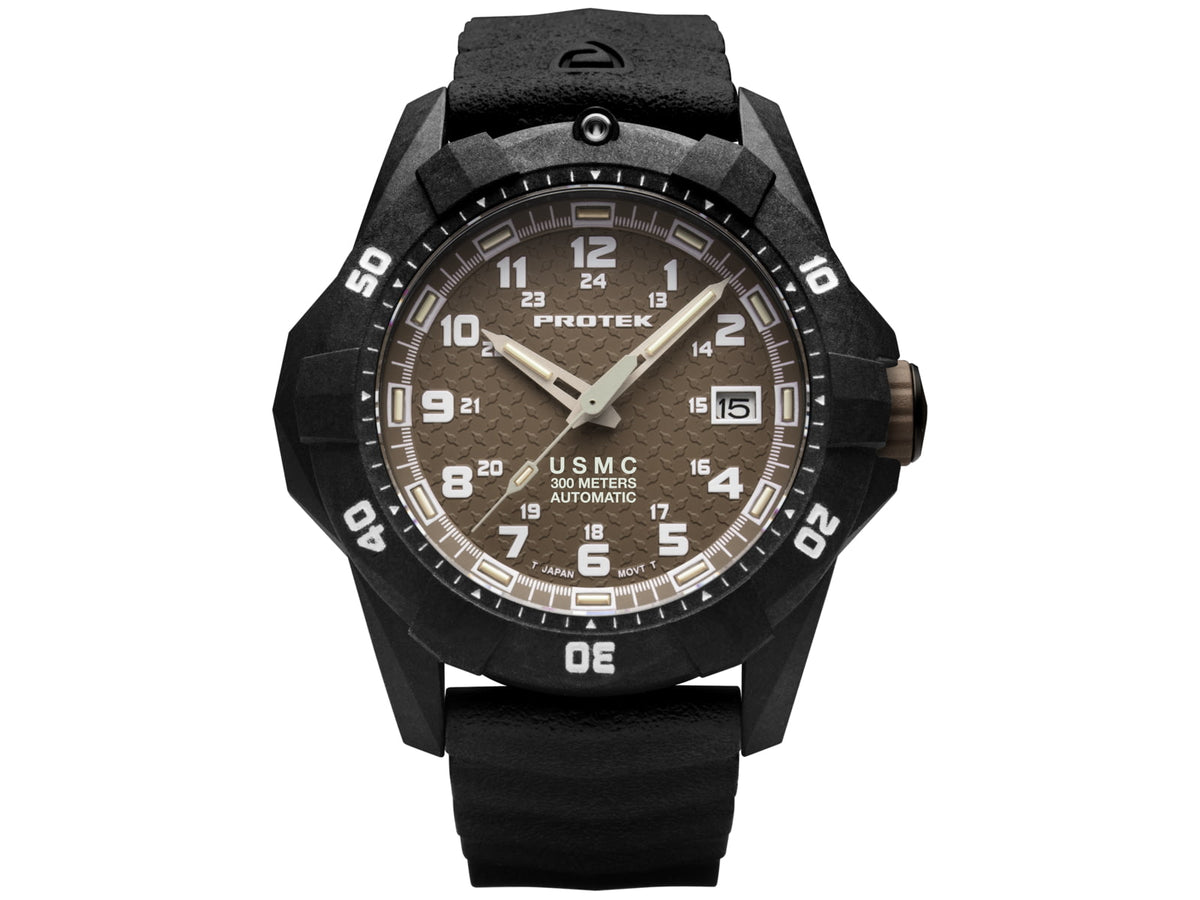 ProTek Model PT1216 USMC Analog Watch 42mm Case Diameter Carbon Composite Bezel Black Rubber Strap PT1216