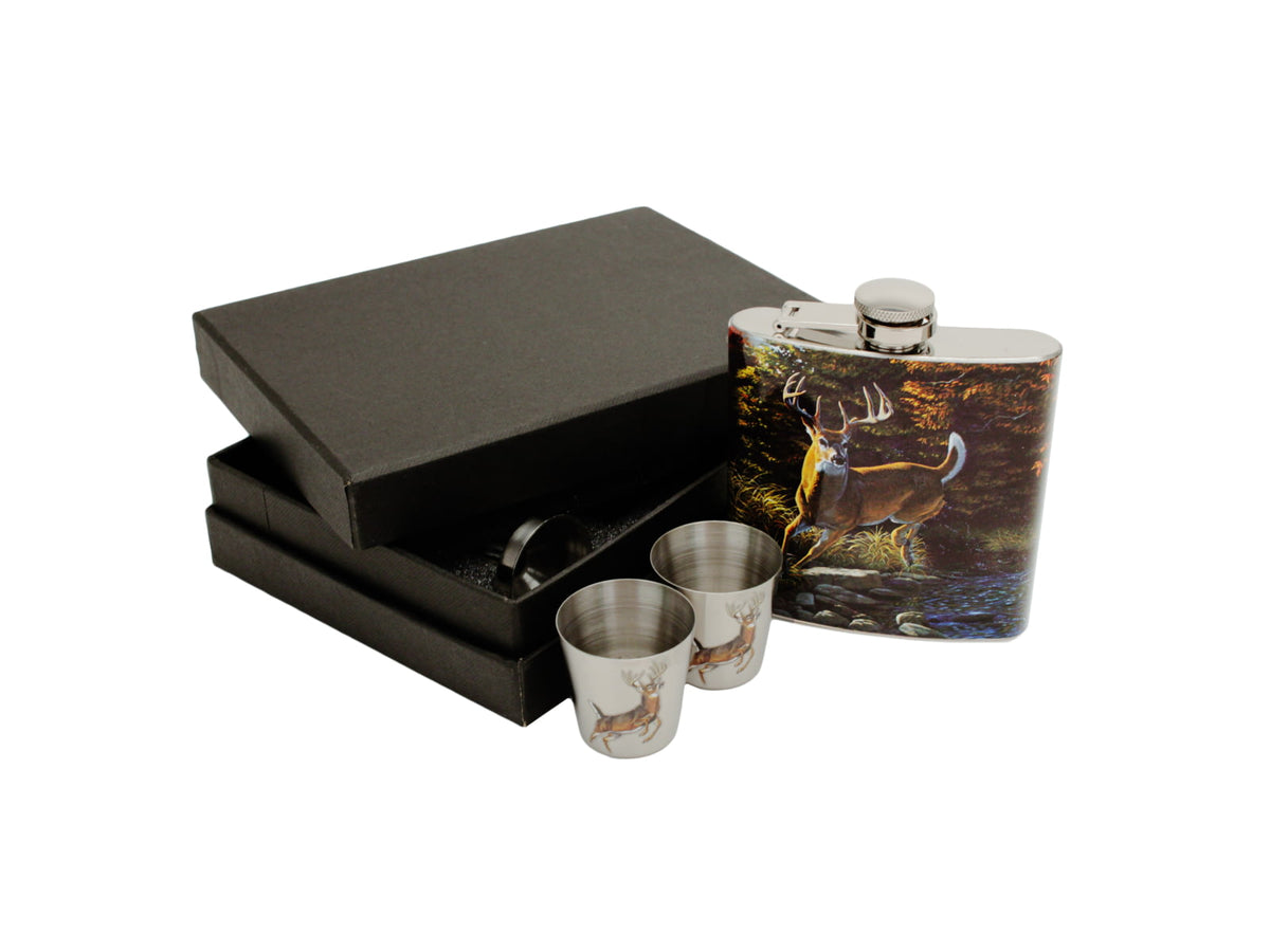 River's Edge Flask w/ Two Shot Glasses Gift Set Deer 6 oz. Flask 184024