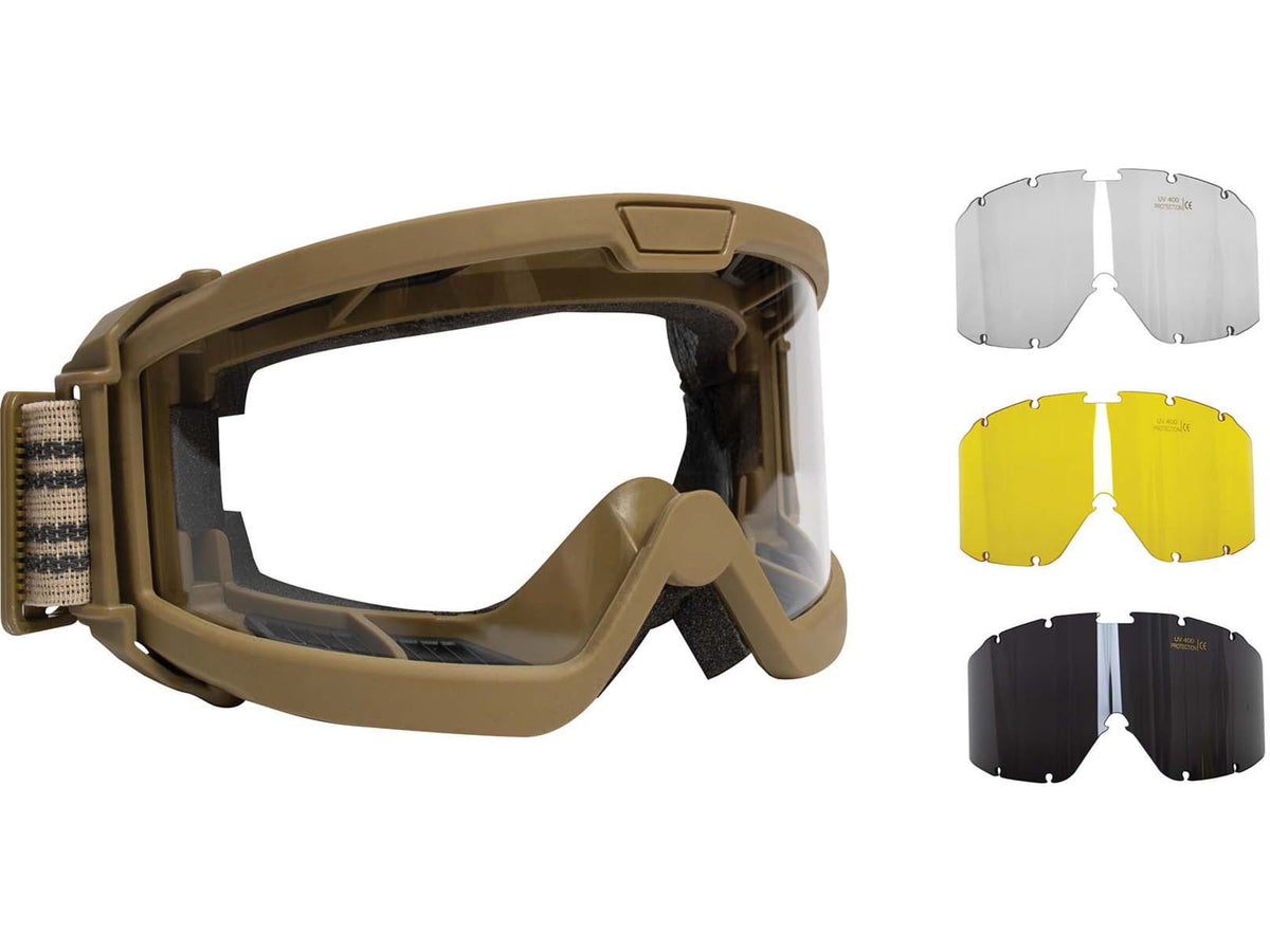 Rothco ANSI Ballistic OTG Goggle System Interchangeable Smoke/Clear/Yellow Lenses Coyote Brown Frame 10738-CoyoteBrown