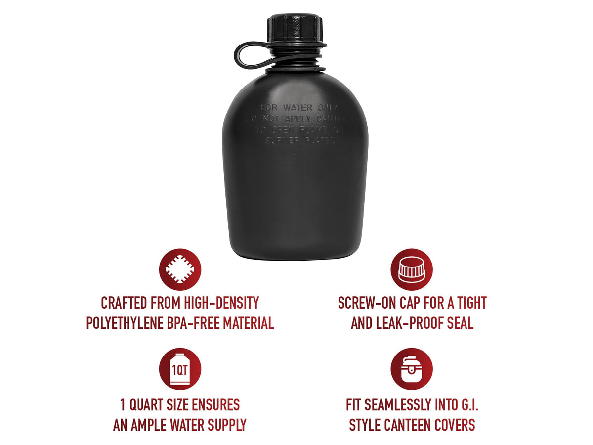 Rothco Genuine G.I. 3 Piece 1 Quart Plastic Canteen Black 1 Qt 20427