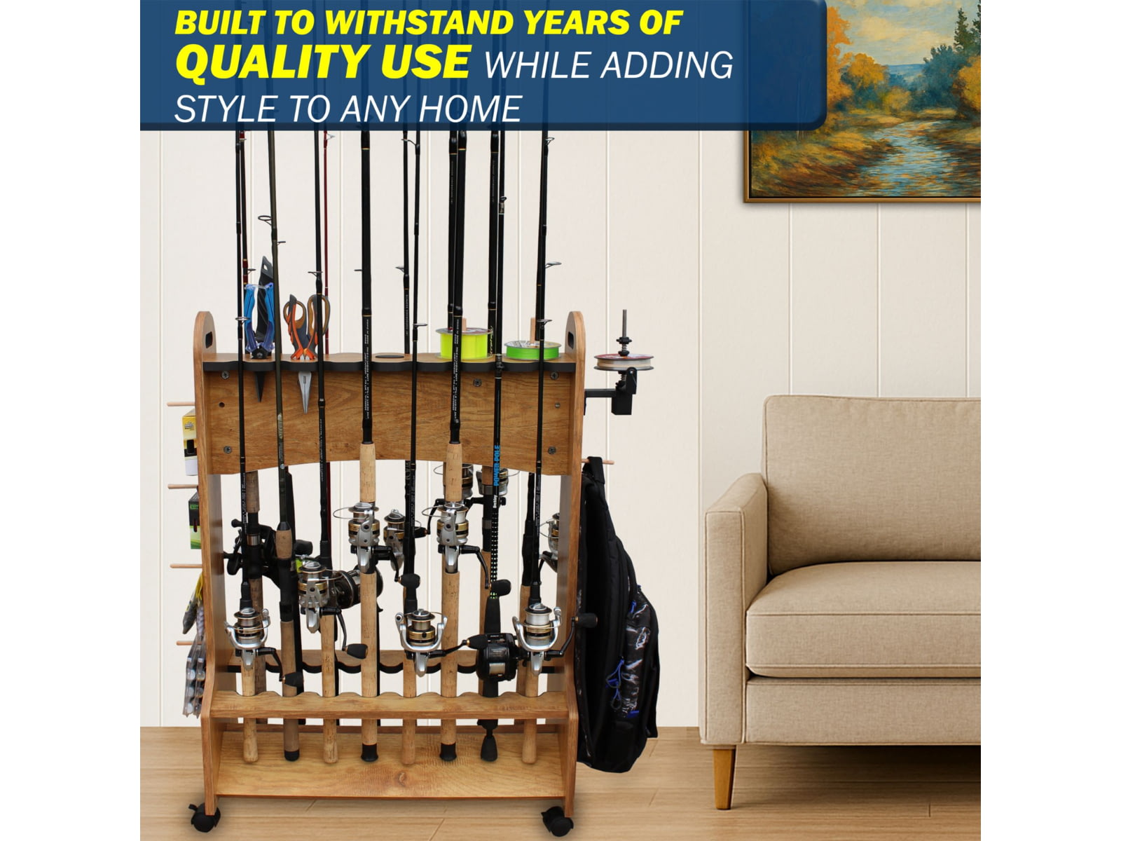 Rush Creek Creations 16-Rods Double Sides Rolling Rack with Line Spooler American Cherry