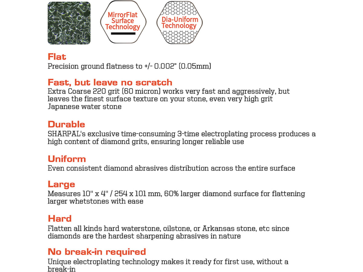 Sharpal Diamond Lapping Plate 10in x 4in Monocrystalline Diamond Surface 220 Grit 145H