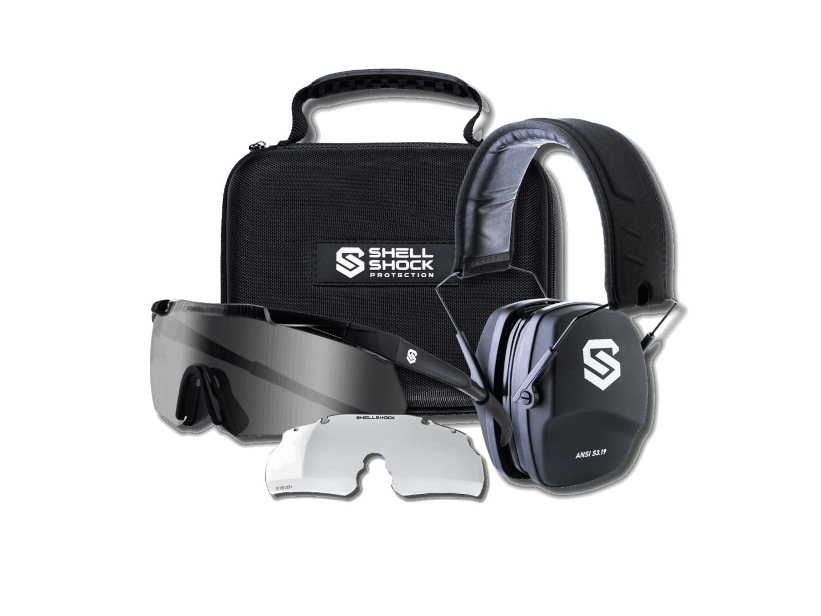 Shellshock Protection Eyes & Ears Combo Protective Ear Muffs 23dB Black EYE-EAR-COMBO-CLEAR