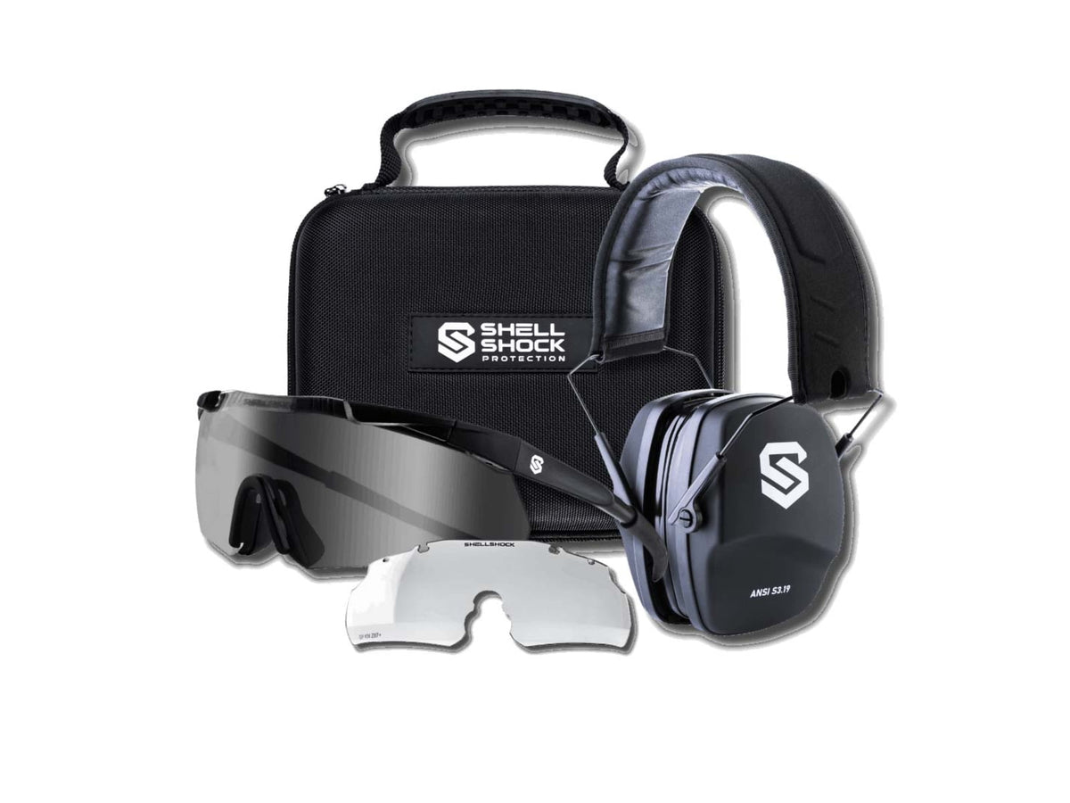 Shellshock Protection Eyes & Ears Combo Protective Ear Muffs 23dB Black EYE-EAR-COMBO-CLEAR