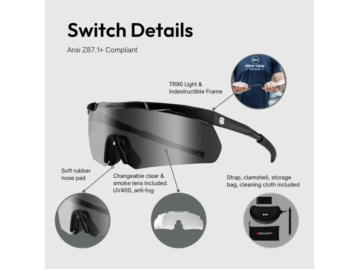 Shellshock Protection Switch Z87+ Ballistic Sunglasses - Changeable Lens Black EYE-SWITCH