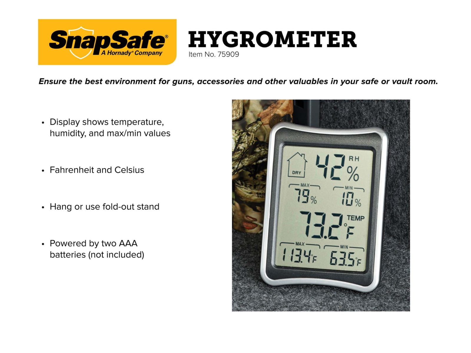 Snapsafe A Hornady Company Hygrometer LCD display AAA Battery