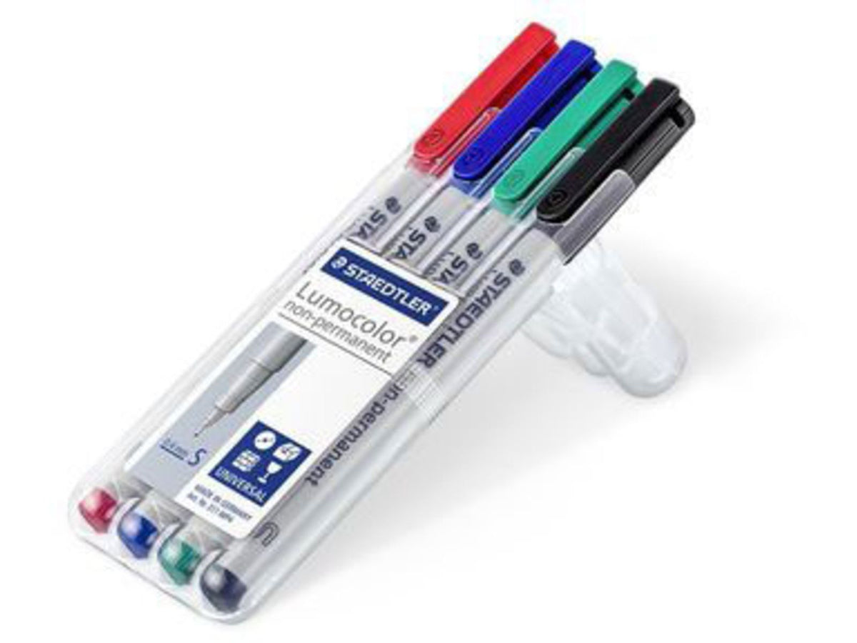 Staedtler Lumocolor Non-Permanent Superfine Pen Pack - 4 Colors w/ Stand-Up Box - Red Blue Green Black 311 WP4