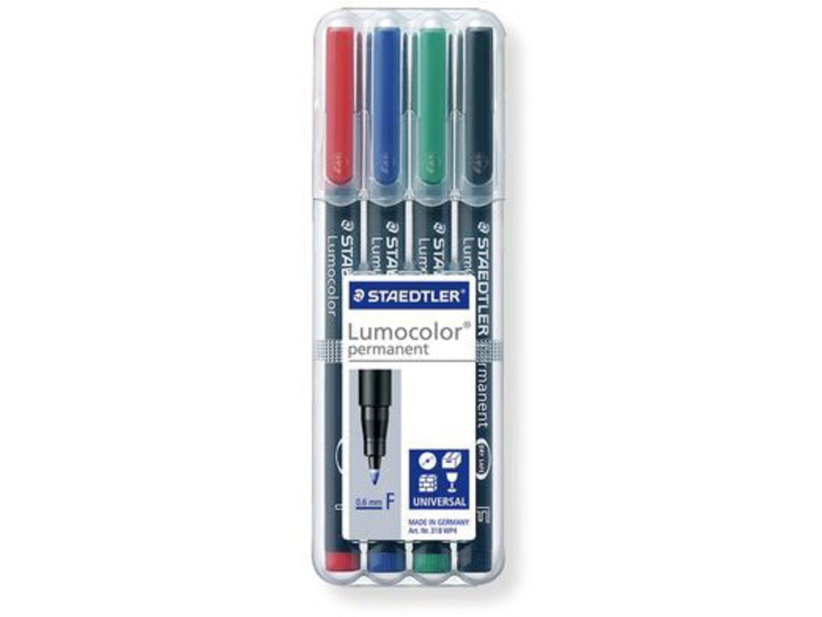 Staedtler Lumocolor Permanent F Width Pen Pack - 4 Colors w/ Stand-Up Box - Red Blue Green Black 318 WP4