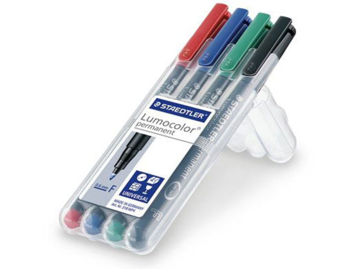 Staedtler Lumocolor Permanent F Width Pen Pack - 4 Colors w/ Stand-Up Box - Red Blue Green Black 318 WP4