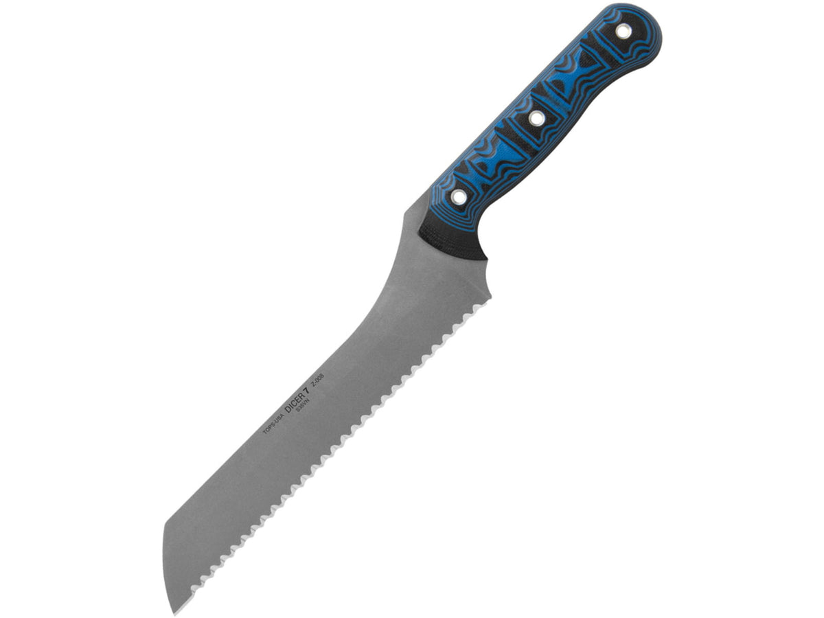 TOPS Knives Dicer 7 Bread Knife 7.63" tumbled finish serrated S35VN stainless blad Black and blue G10 handle DCR71