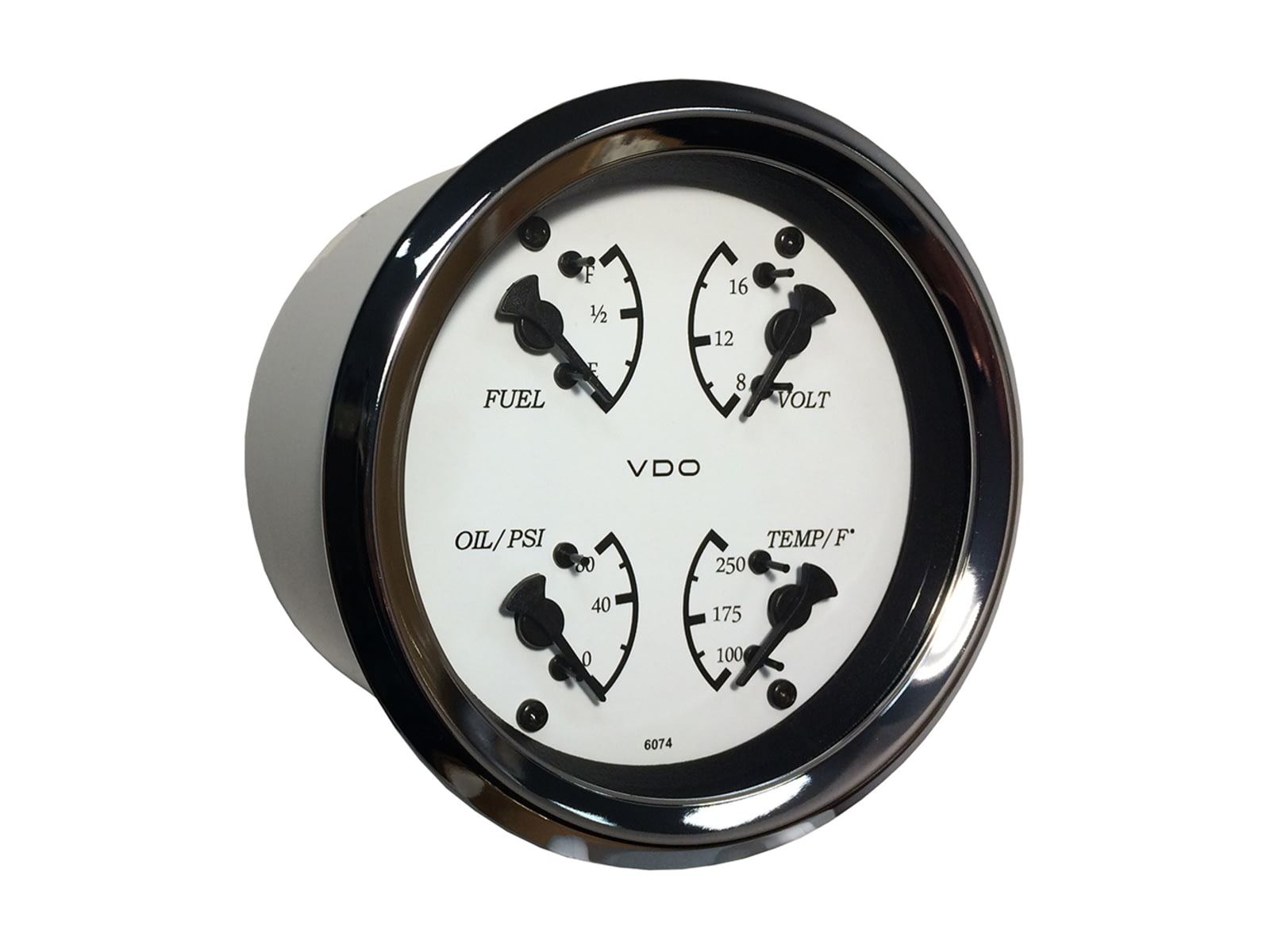 VDO Allentare 4 In 1 Gauge - 85mm - White Dial/Black Pointer - Oil Pressure Water Temp Fuel Level Voltmeter - Chrome Bezel 110-15800