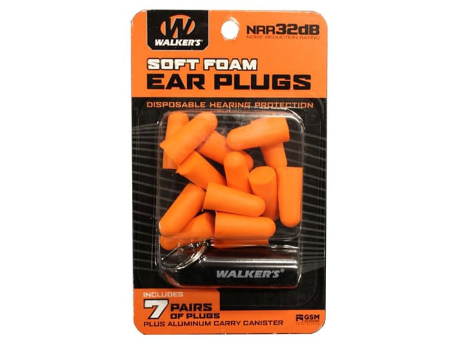 Walkers Foam Ear Plug w/Black Aluminum Carry Canister 32 dB NRR 7-Pairs Neon Orange GWP-PLGCAN-OR