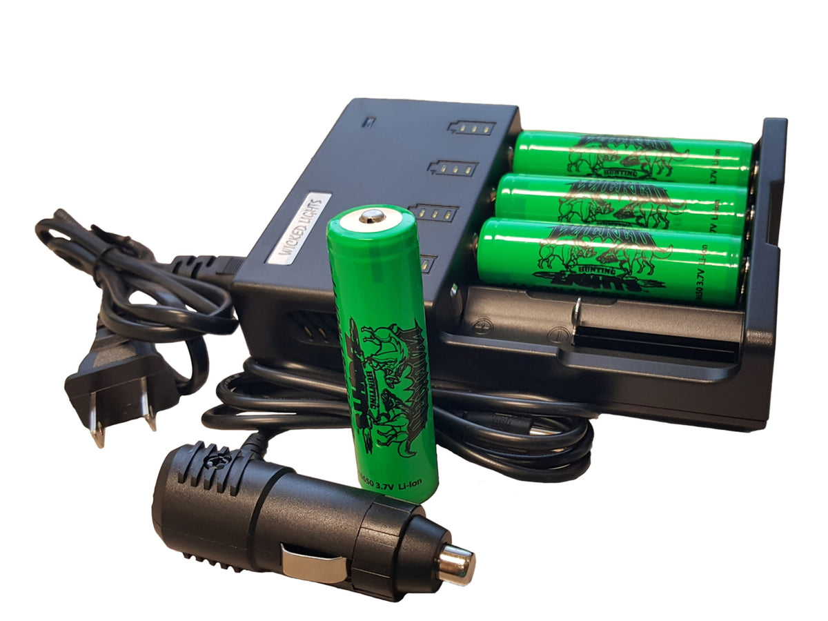 Wicked Hunting Lights 4-Position 18650 Charger Kit w/ 4-Pack 18650 Li-Ion Batteries Black