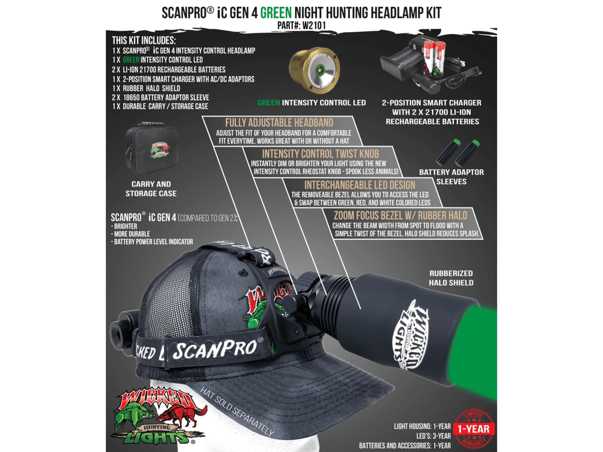 Wicked Hunting Lights ScanPro iC GEN4 LED Green Night Hunting Headlamp Black