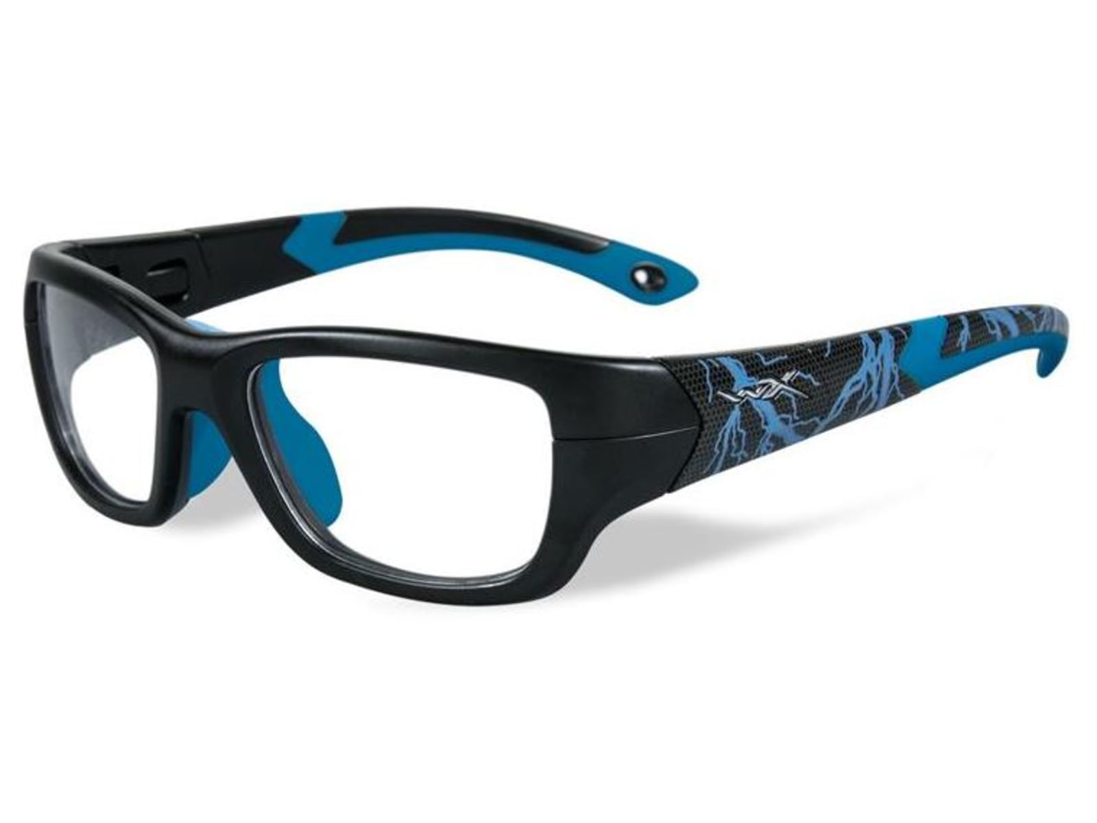 Wiley X Youth Force Flash SunglassesMatte Black w/Lightning/Electric BlueClear Lens YFFLA04