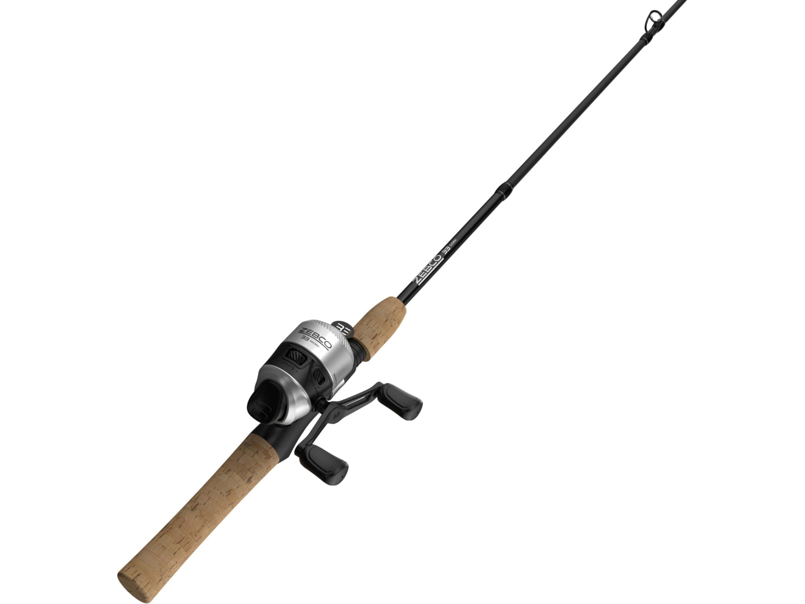 Zebco 33 Cork Micro Spincast Reel and Rod Combo 5ft 2-PC Graphite Rod w/ Cork Handle SZ 10 Reel QuickSet Anti-Reverse Reel w/ Bite Alert Silver/Black