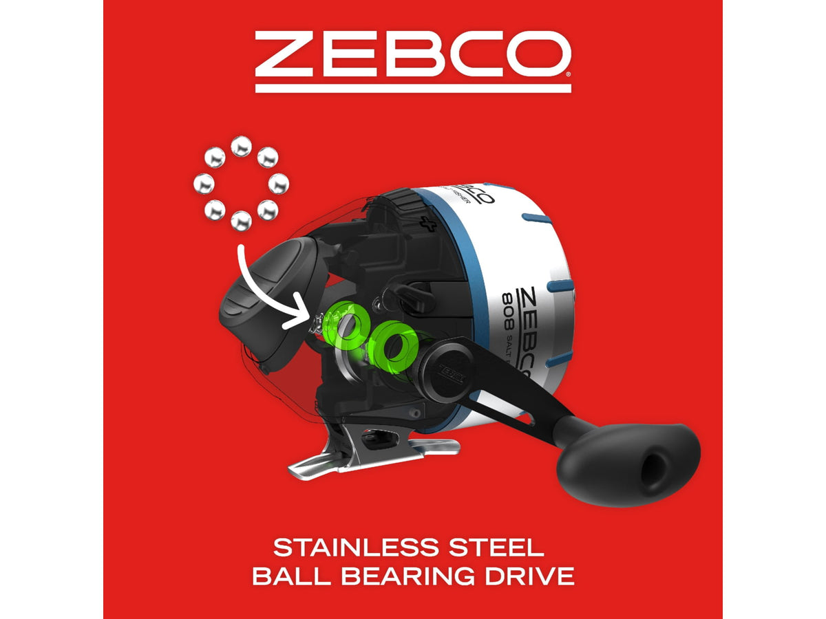 Zebco 808 Saltfisher Spincast Reel SZ 80 Reel Changeable Righ/Left Retrieve Pre-Spooled w/ 20lb Zebco Fishing Line Stainless Steel Ball Bearing Drive