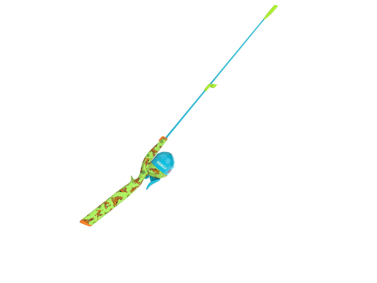 Zebco Youth Scooby Doo Floating Spincast Reel and Rod Combo 29in Fiberglass Rod Light Moderate SZ 20 Reel RH Retrieve Pre-Spooled w/ 6lb Line Green
