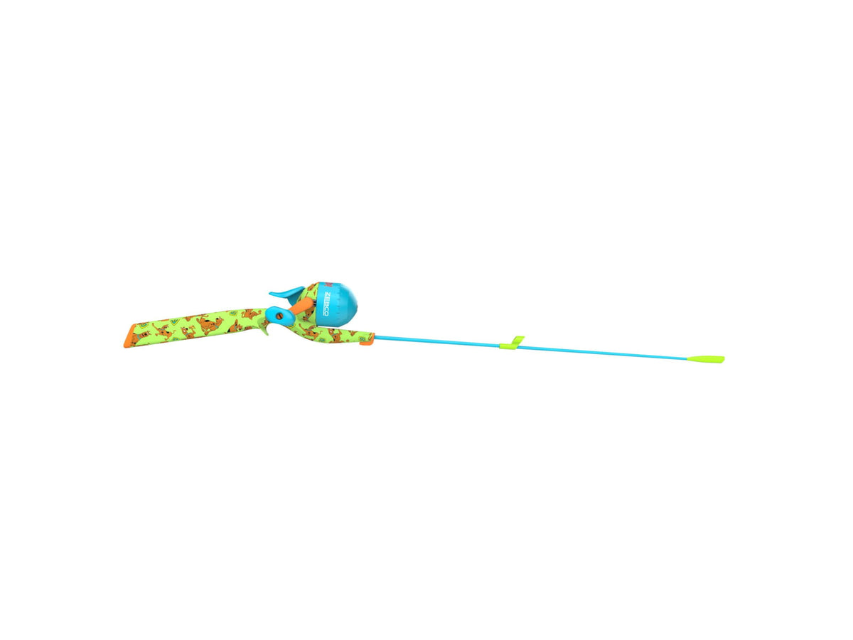 Zebco Youth Scooby Doo Floating Spincast Reel and Rod Combo 29in Fiberglass Rod Light Moderate SZ 20 Reel RH Retrieve Pre-Spooled w/ 6lb Line Green