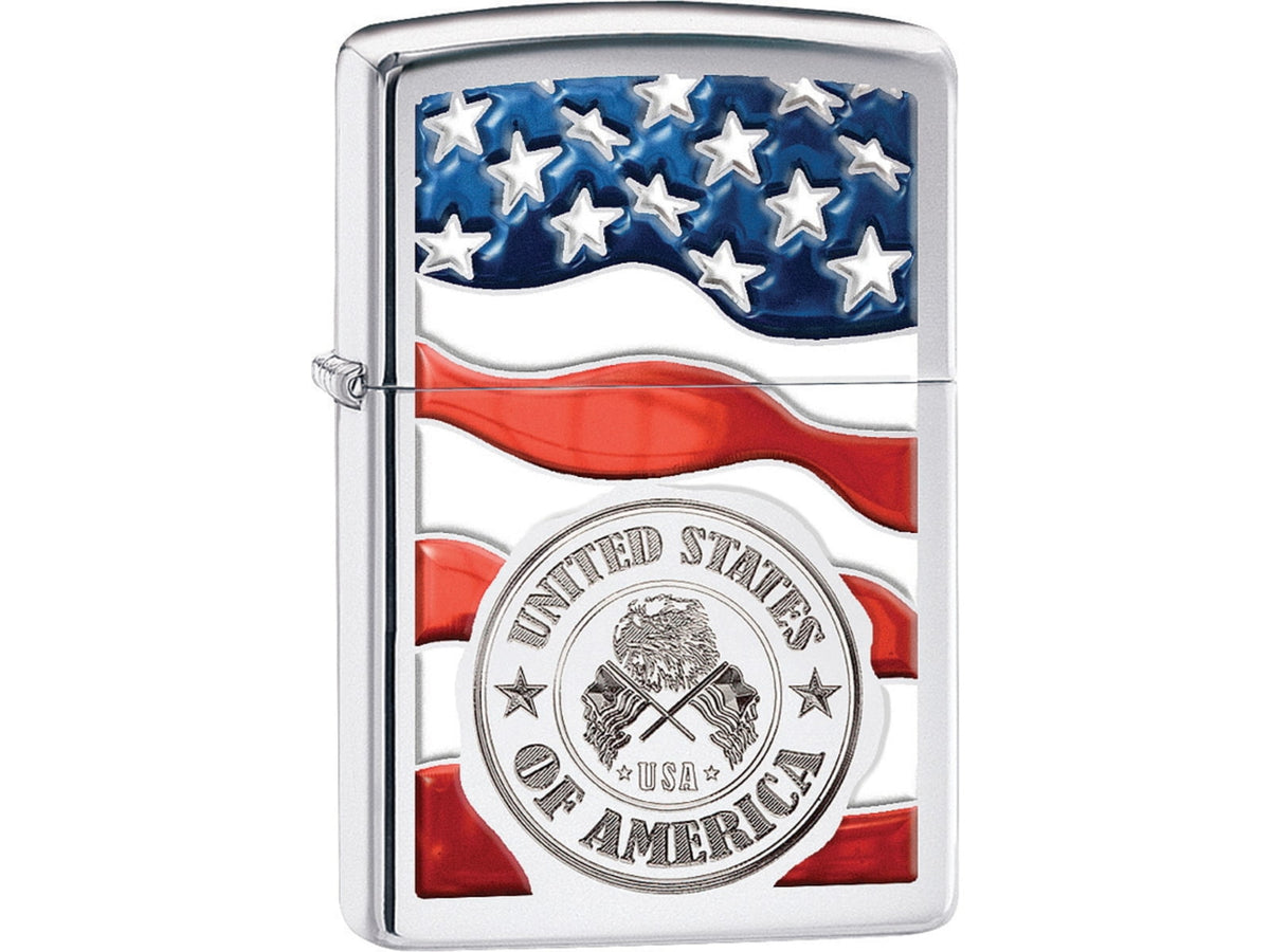 Zippo American Stamp on Flag Lighter High Polish Chrome 1.44in x 2.25in 29395